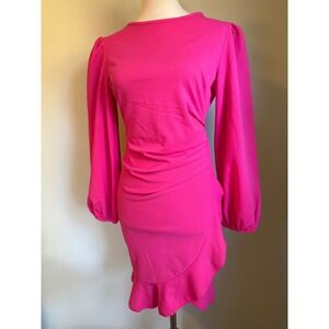 Y2K Hot Pink Puff Sleeve Ruched retro ruffle coquette Mini Dress Small NWT beach